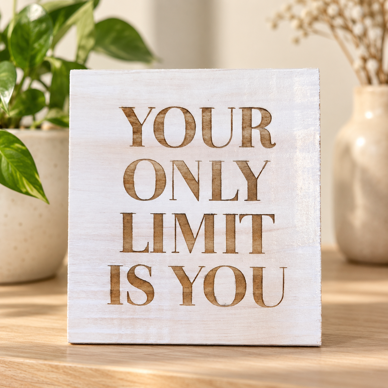 שלט עץ חרוט עם המשפט Your Only Limit Is You – שלט השראה לבית ולמשרד