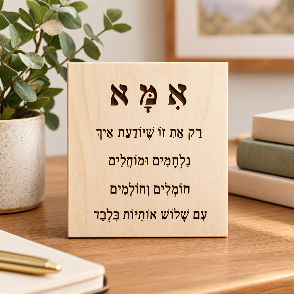 שלט עץ חרוט עם המילה אמא והמשפט "רק את זו שיודעת איך" – חריטת לייזר
