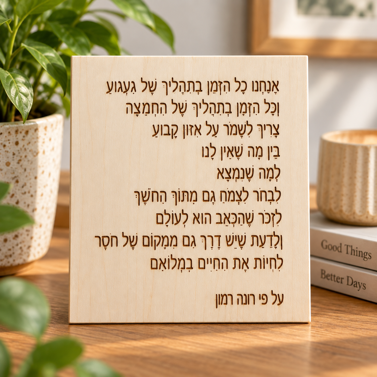 שלט עץ חרוט 14×17 ס"מ עם ציטוט של רונה רמון בנושא געגוע וצמיחה