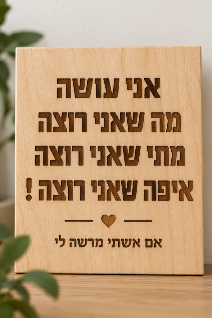 שלט עץ חרוט עם משפט זוגי הומוריסטי – מתנה משעשעת לבעל או לבני זוג