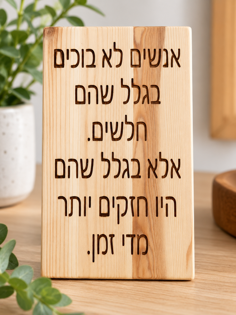 שלט עץ חרוט עם משפט השראה על כוח ורגש – שלט העצמה לבית או לקליניקה