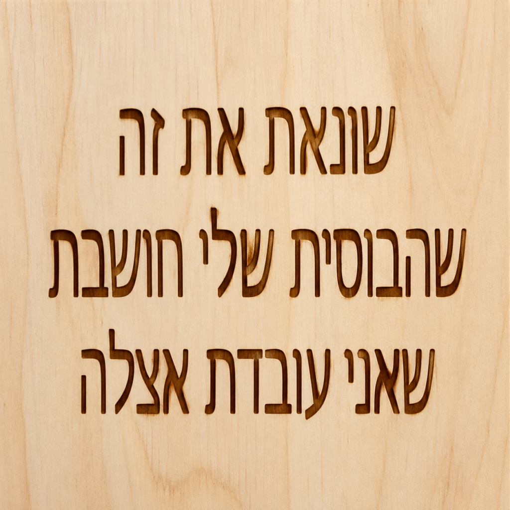 שלט עץ חרוט עם המשפט שונאת את זה שהבוסית שלי חושבת שאני עובדת אצלה