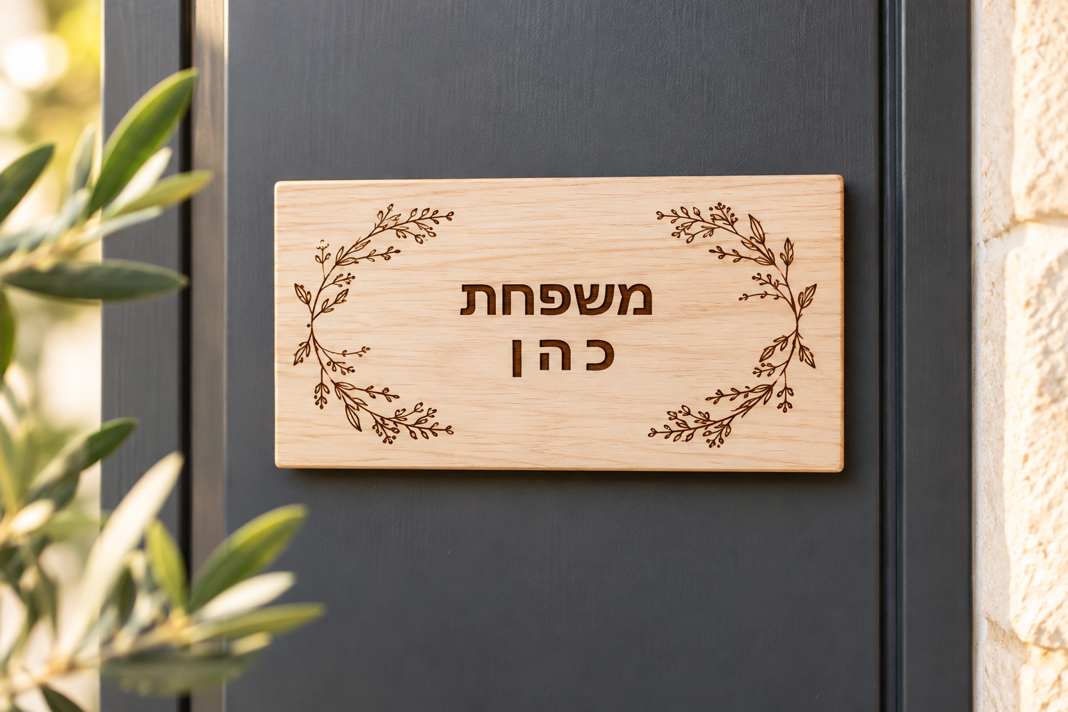 שלט לדלת כניסה בחריטה על עץ משפחת כהן על דלת כניסה