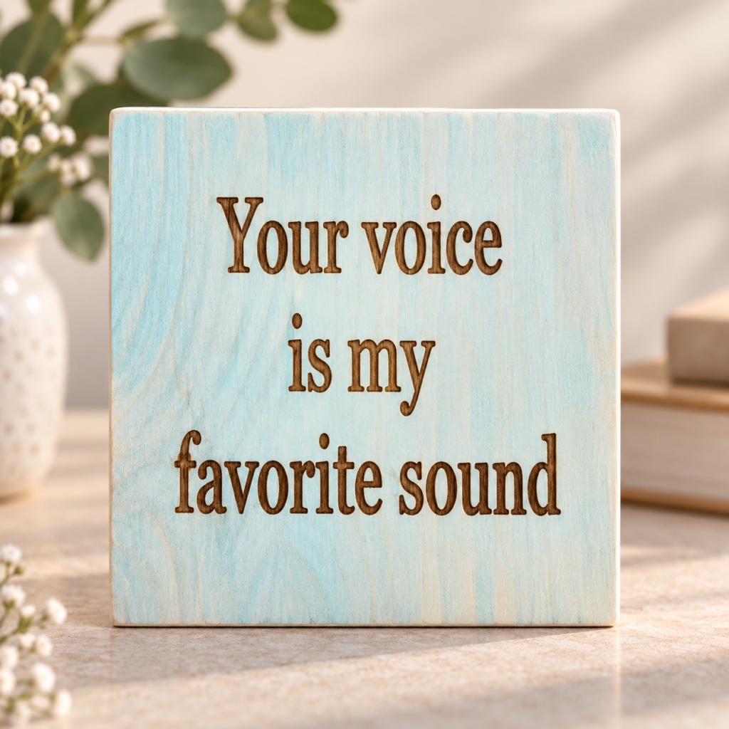 שלט עץ חרוט בגוון תכלת עם המשפט Your voice is my favorite sound – מתנה רומנטית לבן או בת זוג