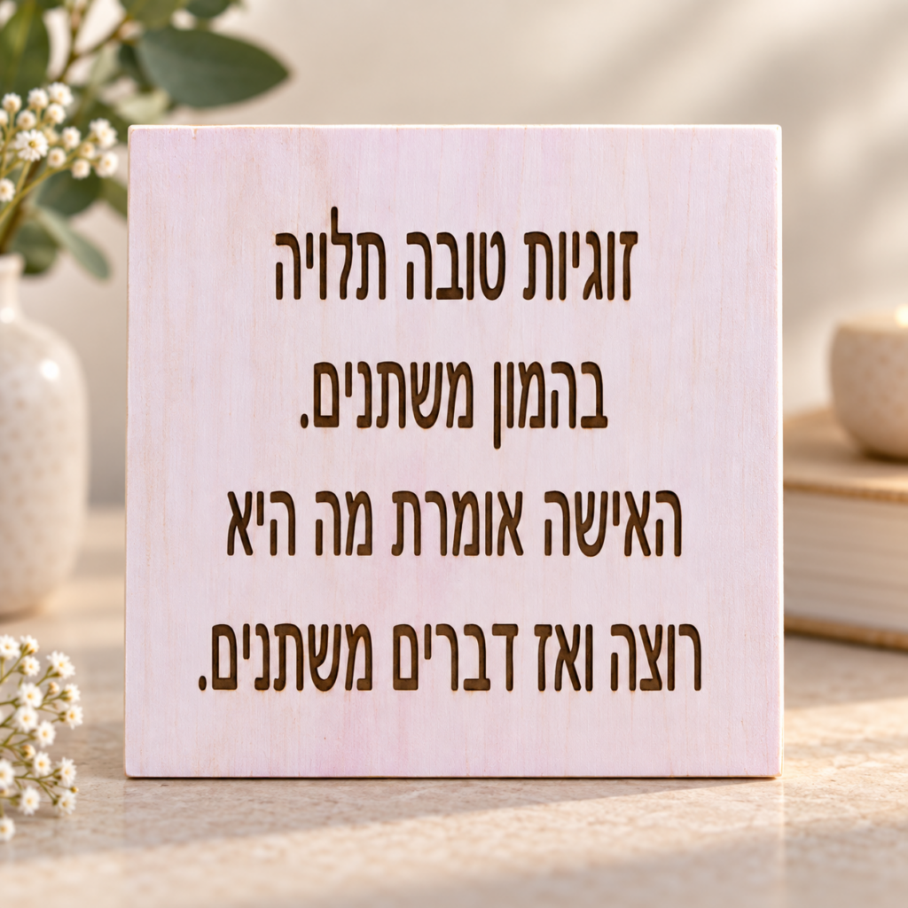 שלט עץ חרוט זוגיות טובה תלויה בהמון משתנים – שלט הומוריסטי לזוגות ומתנה מקורית לבני זוג