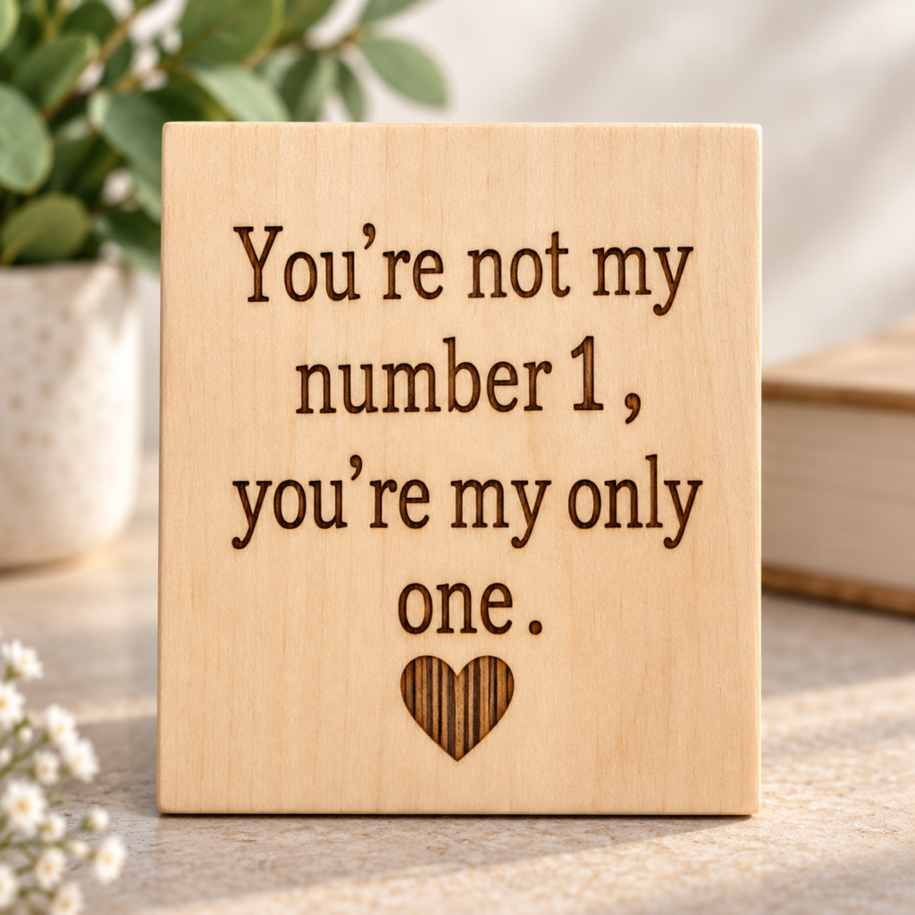 שלט עץ חרוט עם משפט אהבה באנגלית You’re not my number 1 you’re my only one ולב – מתנה לבן או בת זוג
