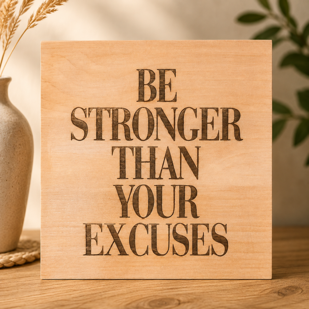 שלט עץ חרוט Be Stronger Than Your Excuses