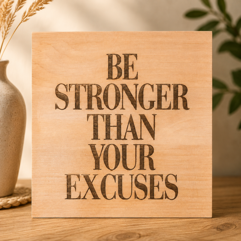 שלט עץ חרוט Be Stronger Than Your Excuses