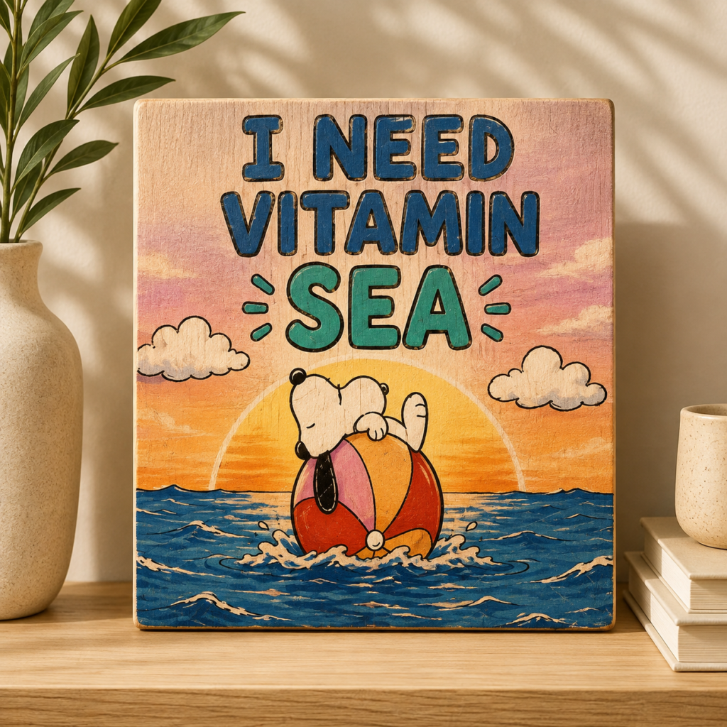 שלט עץ צבעוני I Need Vitamin Sea בהדפסת UV עם איור ים