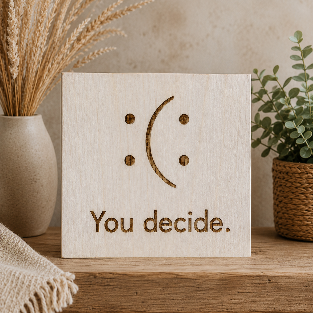 שלט עץ חרוט You Decide עם איור פנים מחייכות ועצובות