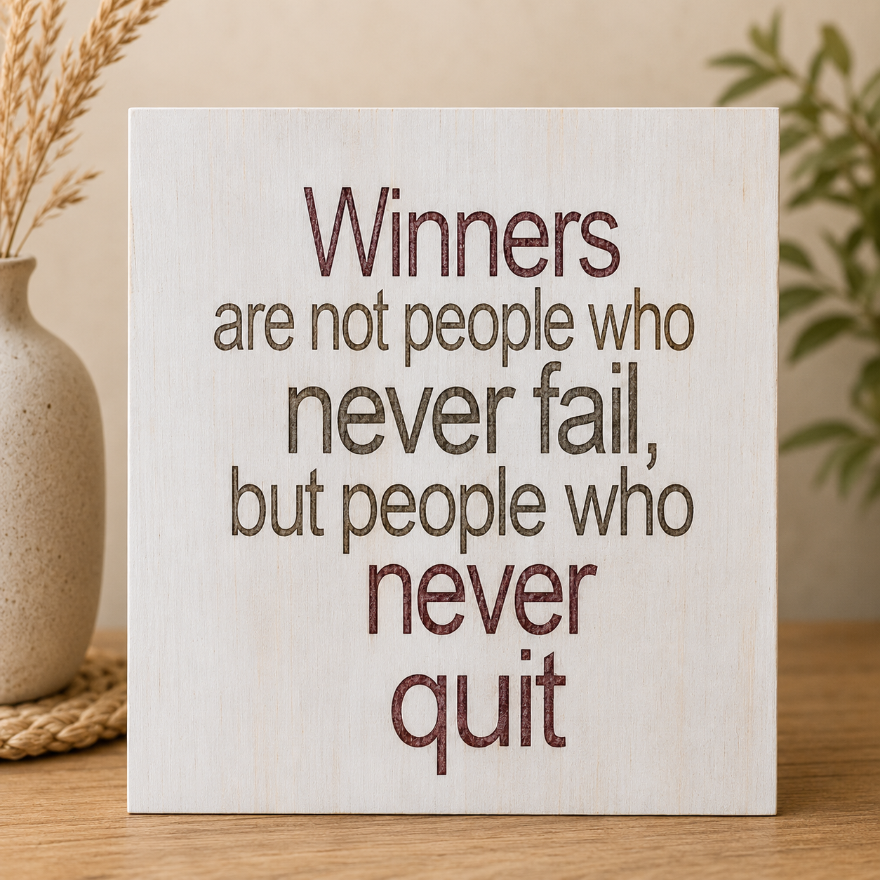 שלט עץ חרוט עם משפט השראה באנגלית Winners Never Quit