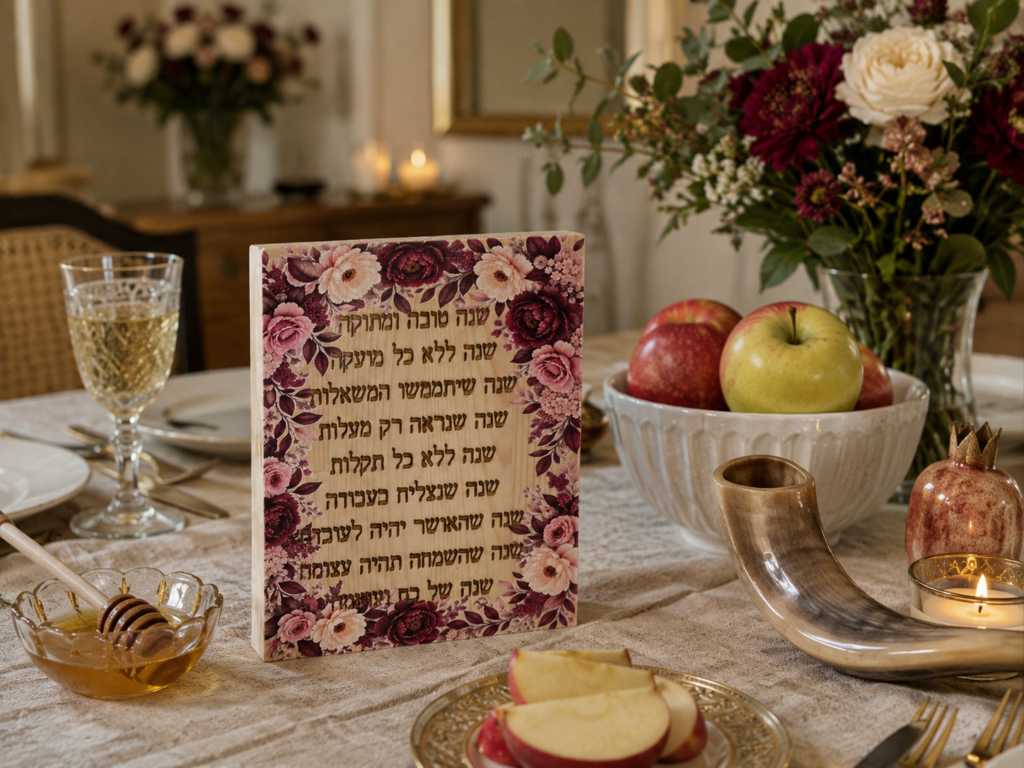 שלטי עץ מעוצבים לראש השנה עם ברכה בחריטת לייזר והדפסת UV צבעונית