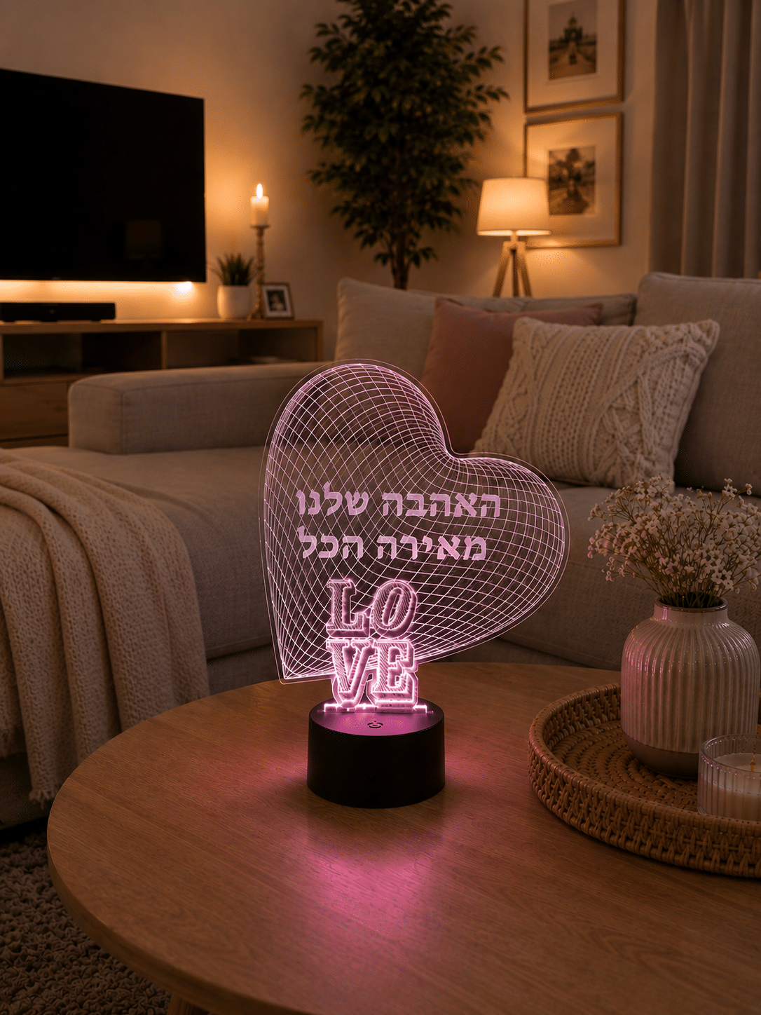 מנורת לב מאקריליק „האהבה שלנו מאירה הכל” בהתאמה אישית – תמונה 3