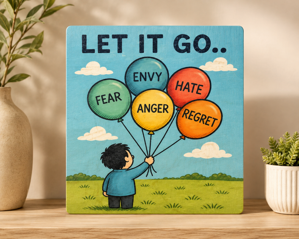 שלט השראה Let It Go מודפס בצבע על עץ עם בלונים ומסרים לשחרור רגשות