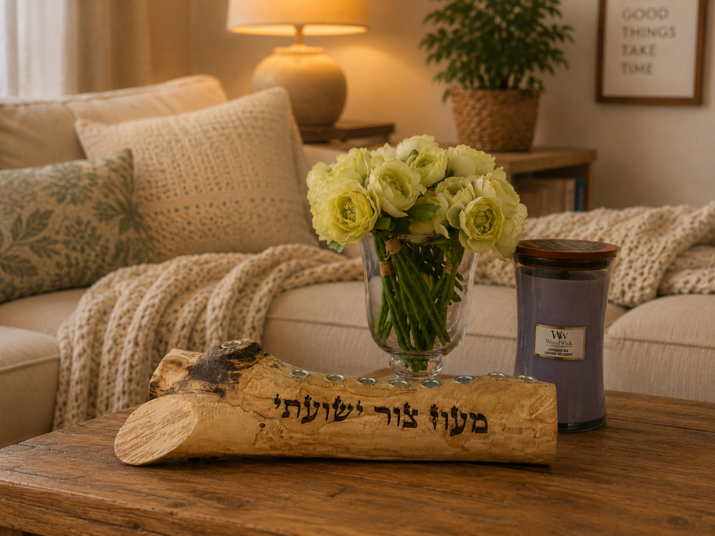 חנוכיית מעוז צור ישועתי מענף עץ הדר בעבודת יד עם חריטת לייזר