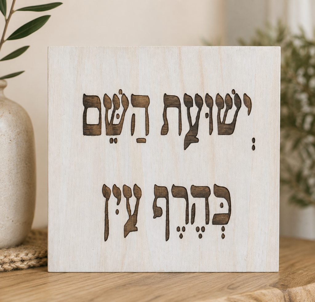 שלט עץ חרוט – ישועת השם כהרף עין