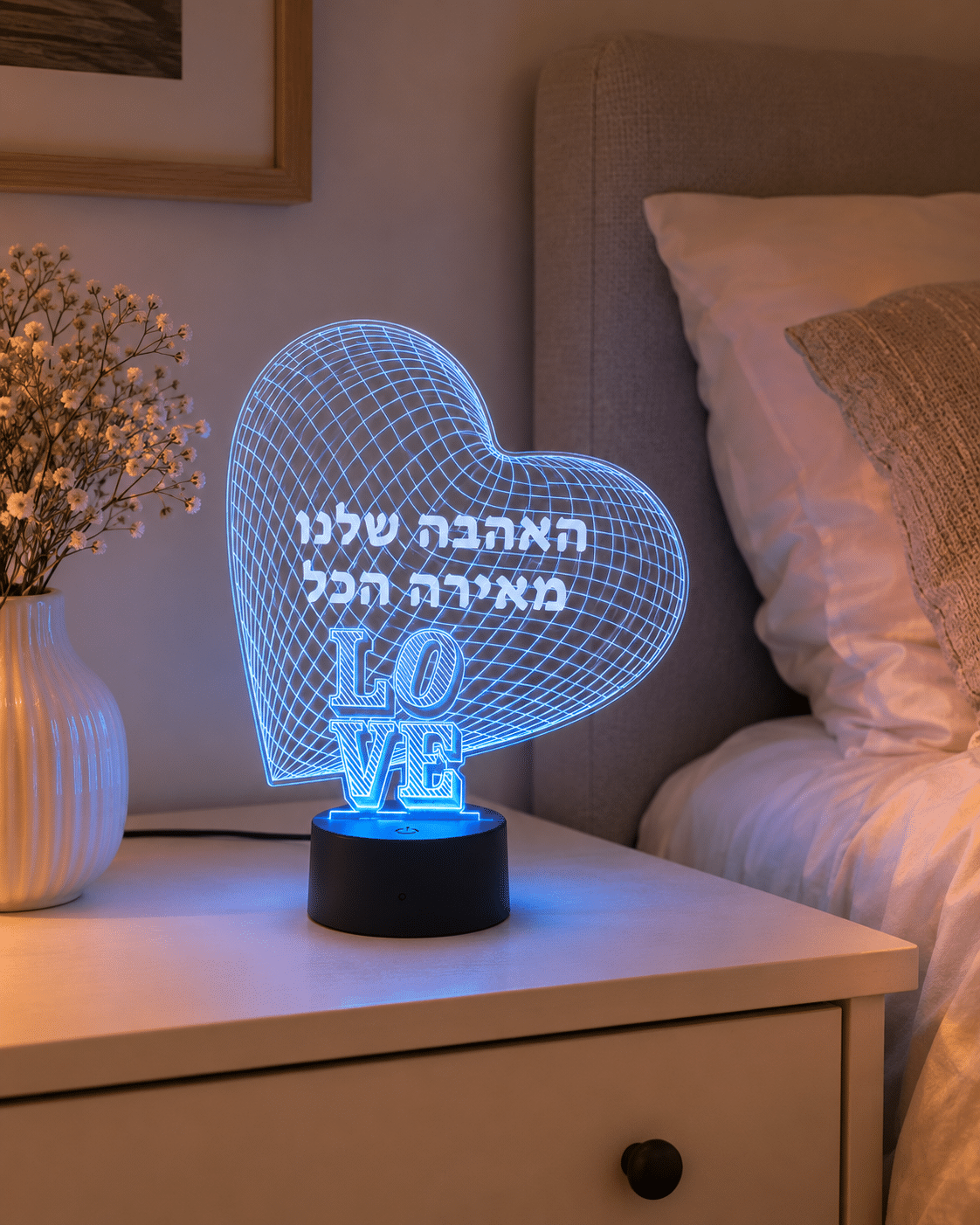 מנורת לב מאקריליק „האהבה שלנו מאירה הכל” בהתאמה אישית – תמונה 2
