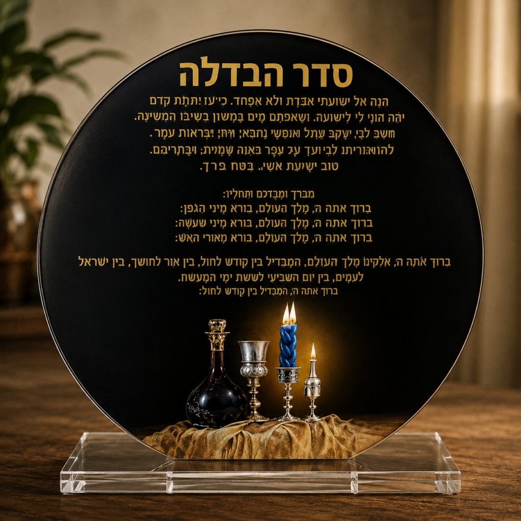 מעמד אקריל מודפס סדר הבדלה בעיצוב שחור וזהב עם נר הבדלה וגביע