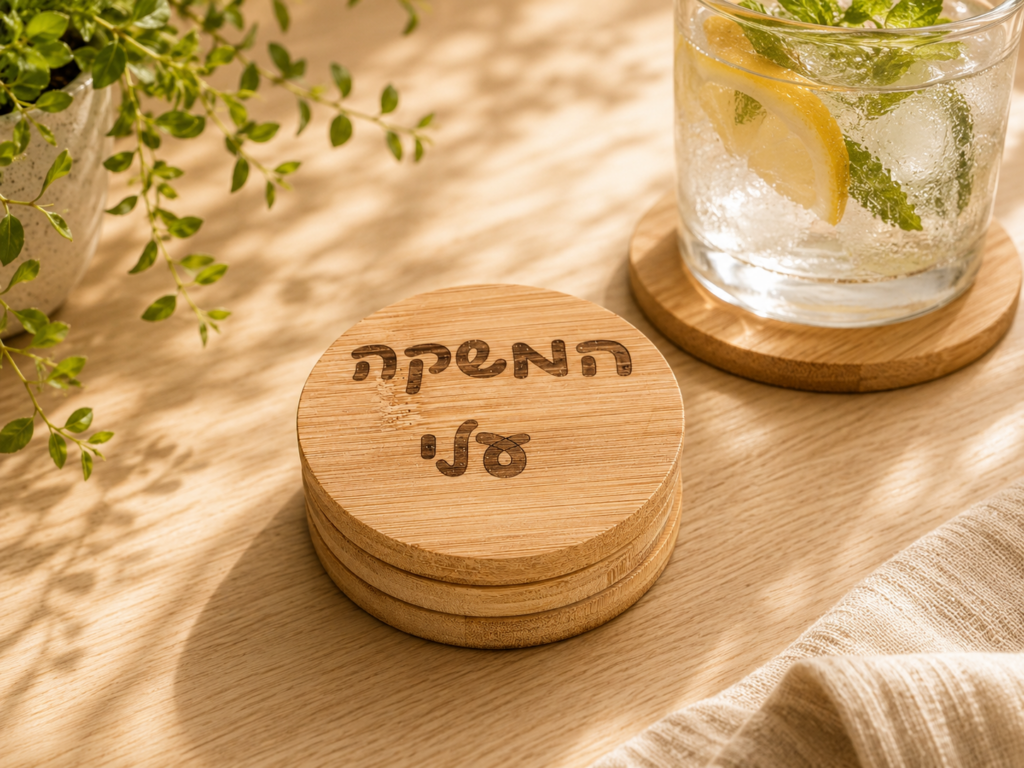תחתיות עץ עגולות לכוסות עם משפטים מצחיקים בחריטת לייזר