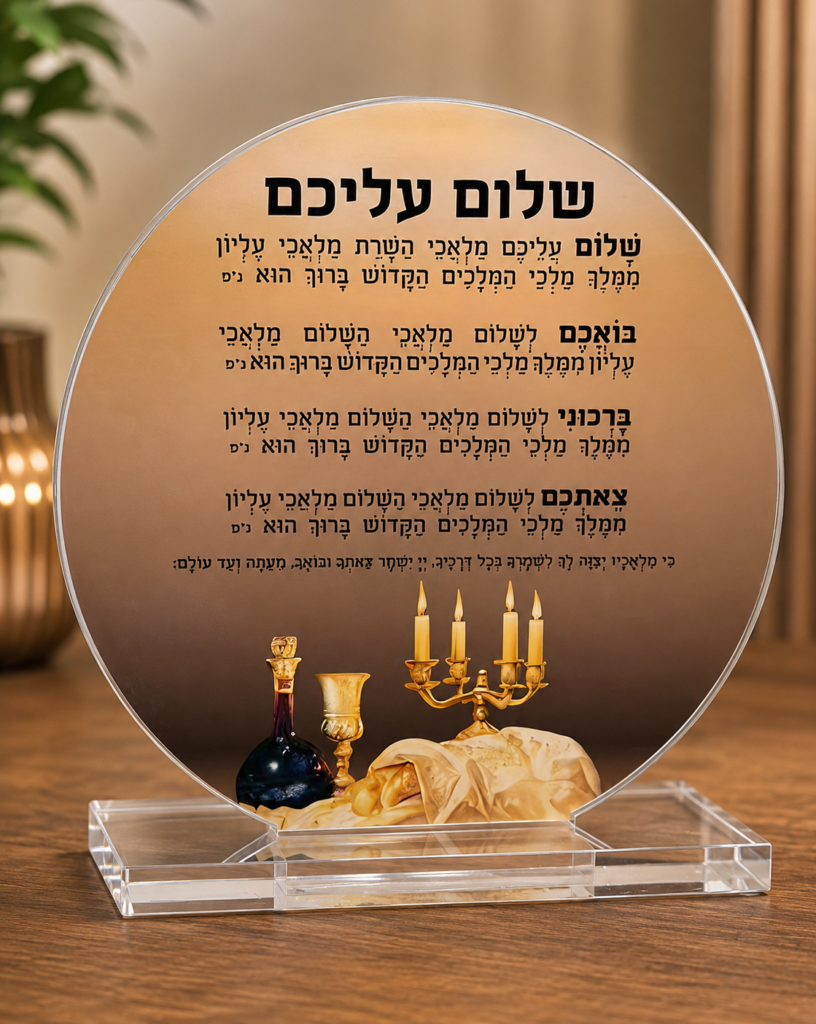 מעמד אקריל מודפס שלום עליכם בעיצוב בגוונים חמים עם נרות שבת וגביע קידוש