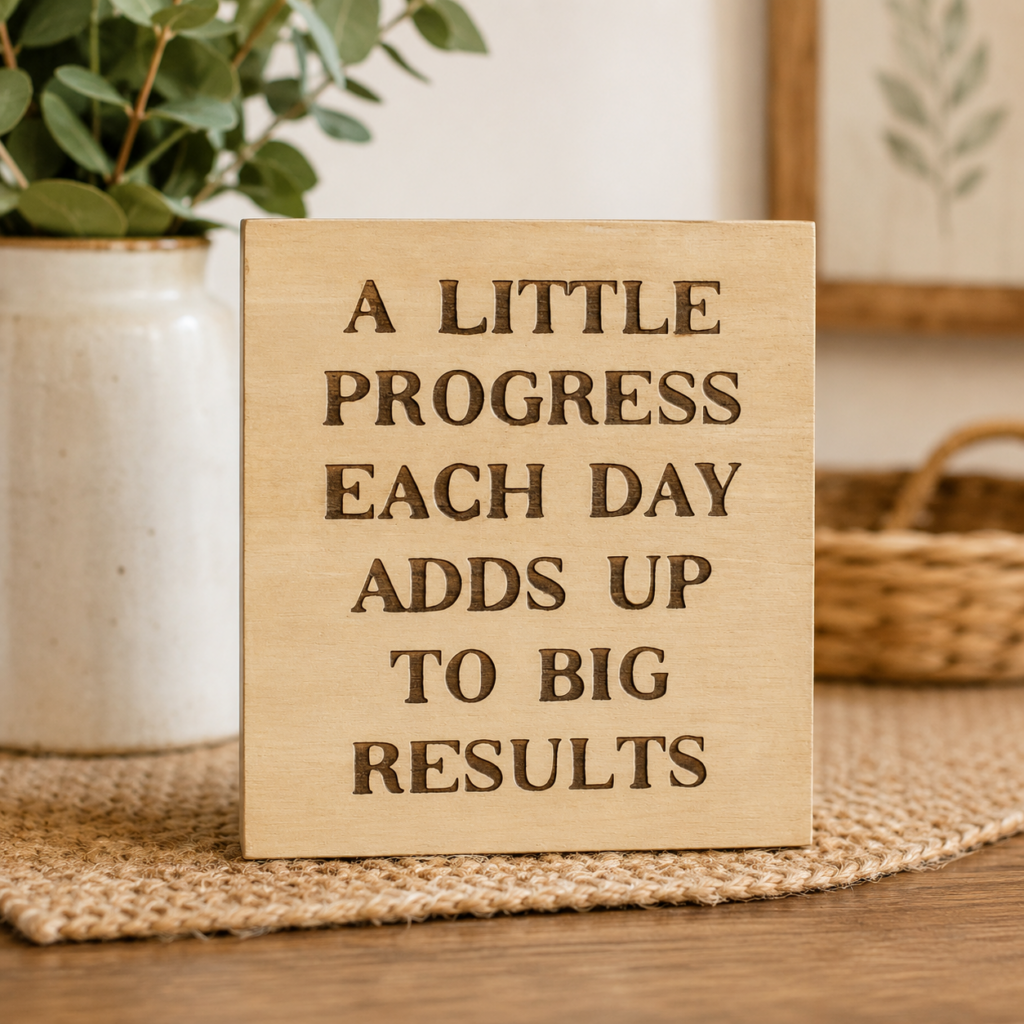 שלט עץ חרוט עם משפט השראה באנגלית A Little Progress Each Day