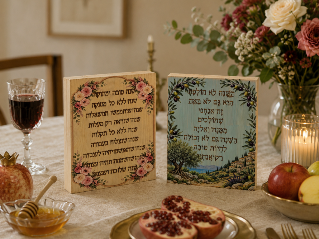 שלטי עץ מעוצבים לראש השנה עם ברכה בחריטת לייזר והדפסת UV צבעונית