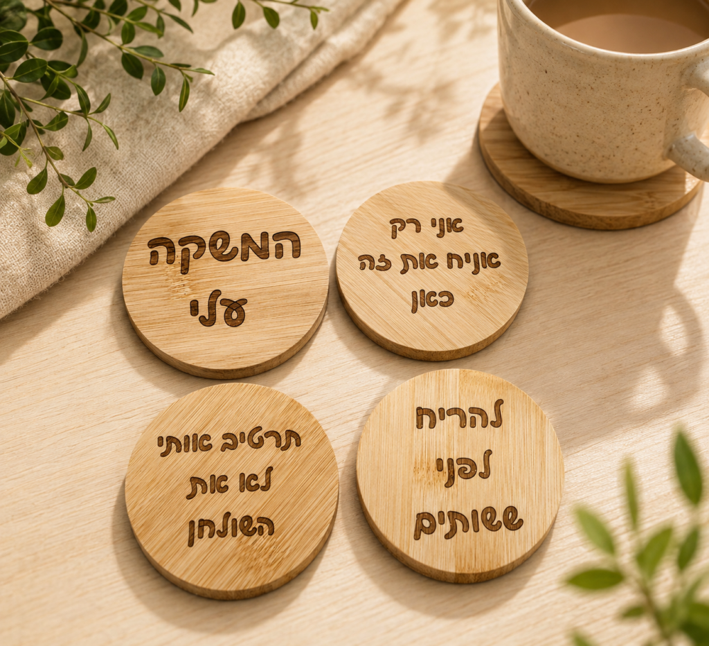 סט תחתיות במבוק עגולות לכוסות עם חריטת לייזר של משפטים וכיתובים אישיים