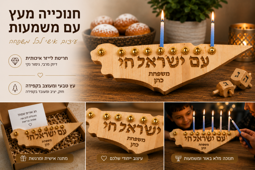 חנוכיית עץ בצורת ארץ ישראל עם חריטת לייזר אישית בגודל 30 על 15 ס"מ