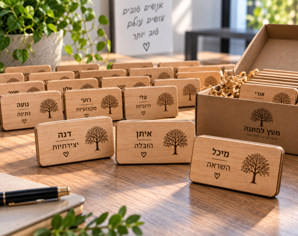 לוחיות עץ אישיות לעובדים עם שם ומילה אישית בחריטה