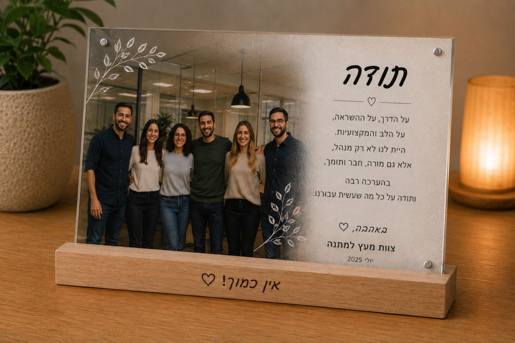 תמונת הוקרה אישית לצוות או למנהל עם צילום והקדשה
