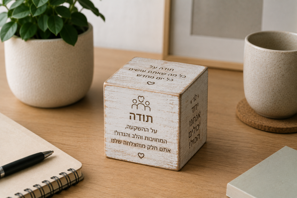 קוביית עץ אישית ממותגת לעובד עם שם ומסרים בחריטה או הדפסה