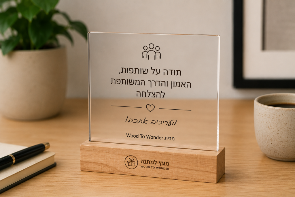 לוח הוקרה אישי מאקריל על בסיס עץ עם הקדשה ולוגו החברה