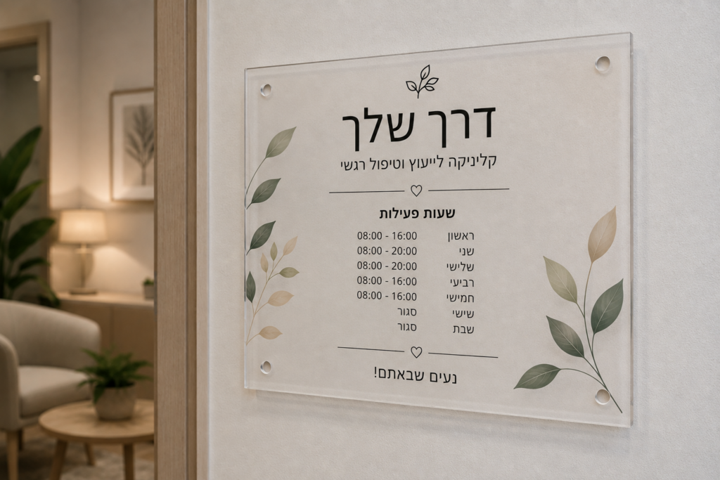 שלט אקריל לקליניקה עם שם העסק ושעות פעילות בהתאמה אישית
