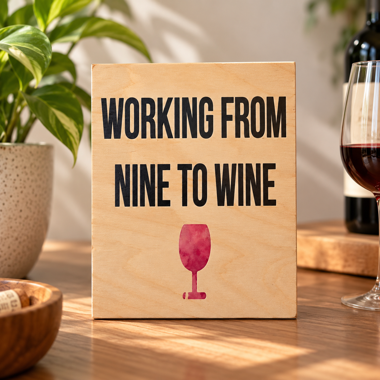 שלט יין מצחיק מעץ מודפס Working From Nine to Wine