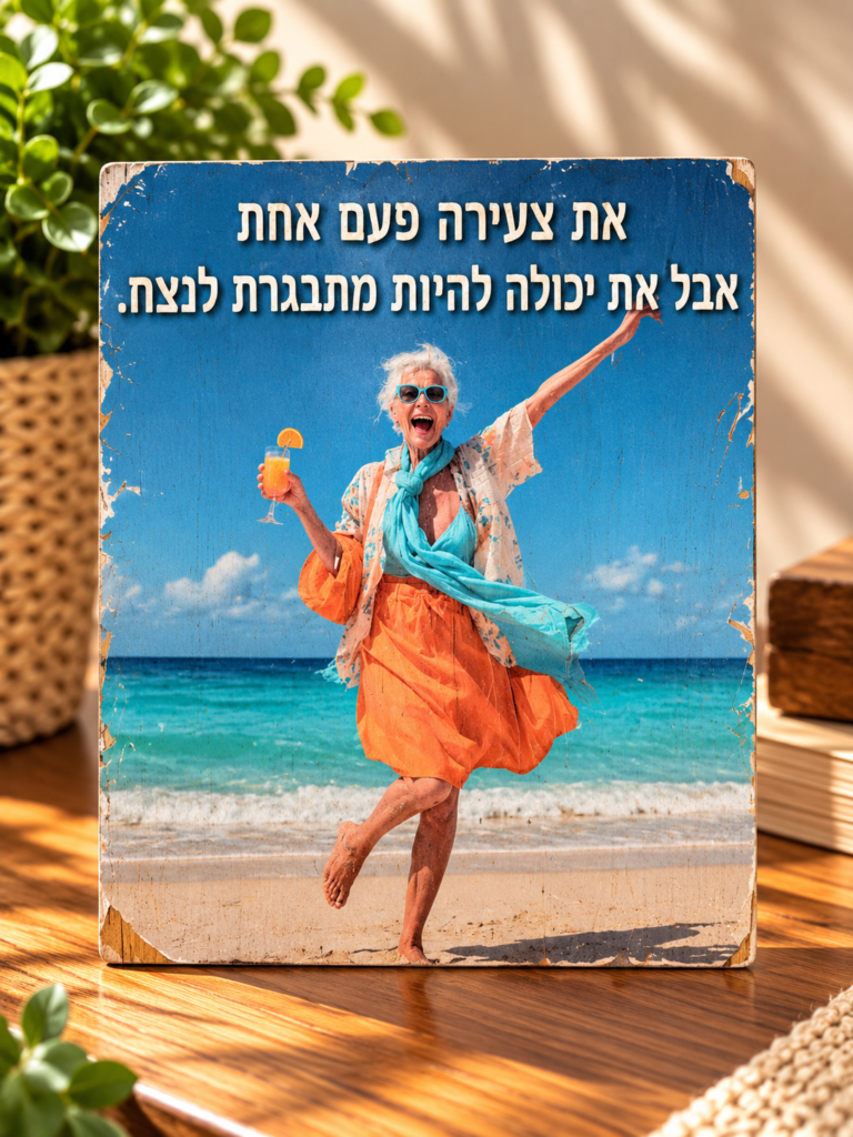 שלט מצחיק לאישה עם משפט על גיל ורוח צעירה