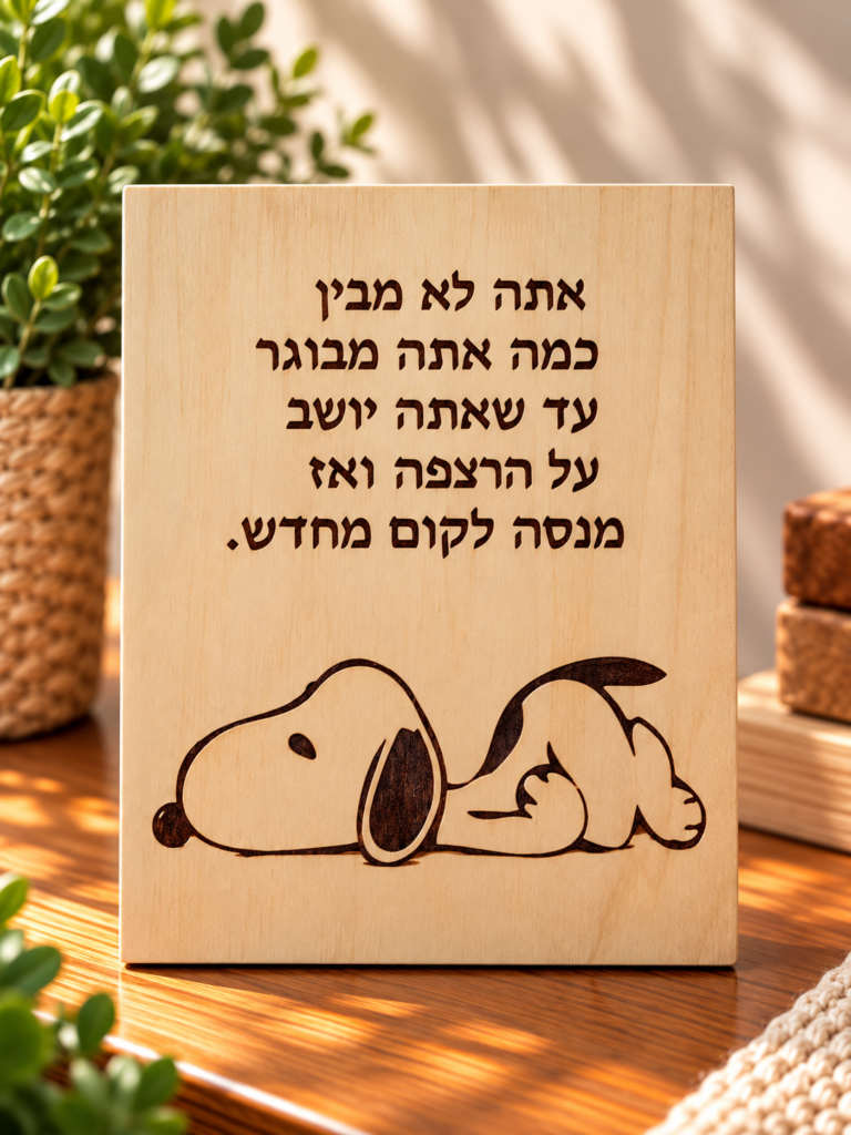 שלט מצחיק על גיל עם סנופי שוכב על הרצפה