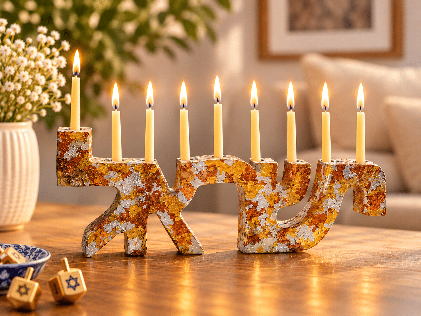 חנוכיית ישראל בעבודת יד מעץ אורן בגווני זהב נחושת וכסף עם תשעה נרות חנוכה דולקים