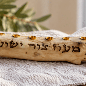 חנוכיית מעוז צור מעץ הדר טבעי עם חריטת לייזר מעוז צור ישועתי ותשעה בתי נר בגוון זהב