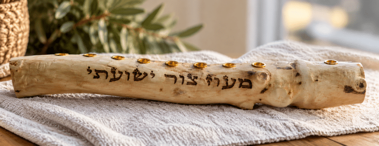 חנוכיית מעוז צור מעץ הדר טבעי עם חריטת לייזר מעוז צור ישועתי ותשעה בתי נר בגוון זהב