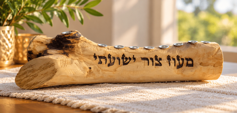 חנוכיית מעוז צור מעץ הדר טבעי עם חריטת לייזר מעוז צור ישועתי ותשעה בתי נר כסופים