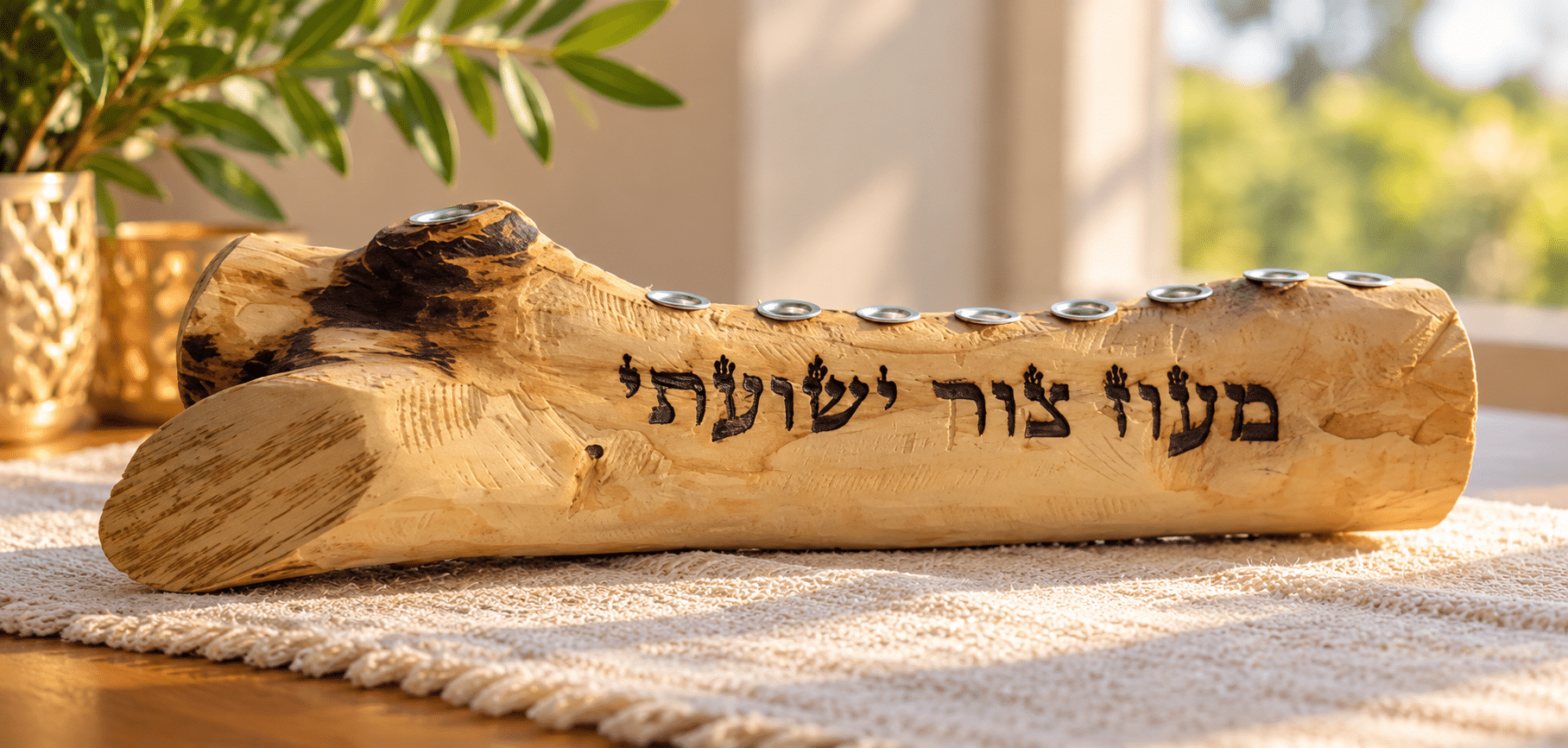 חנוכיית מעוז צור מעץ הדר טבעי עם חריטת לייזר מעוז צור ישועתי ותשעה בתי נר כסופים