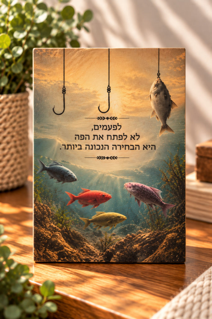 שלט עם מסר לחיים לפעמים לא לפתוח את הפה עם דגים וקרסים