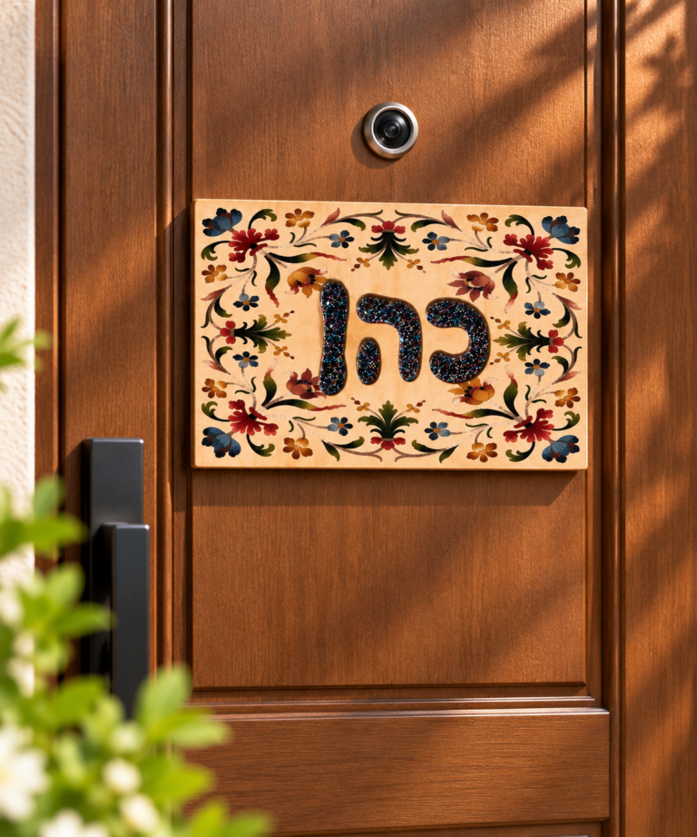 שלט לדלת כניסה מעץ עם שם משפחה כהן באקריל מנצנץ