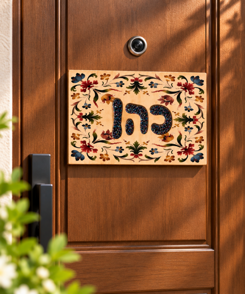 שלט לדלת כניסה מעץ עם שם משפחה כהן באקריל מנצנץ