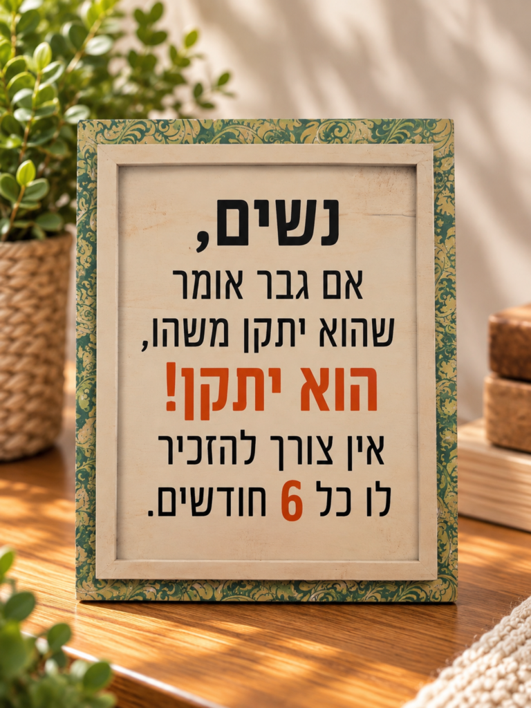 שלט מצחיק לנשים עם משפט הומוריסטי על זוגיות ותיקונים