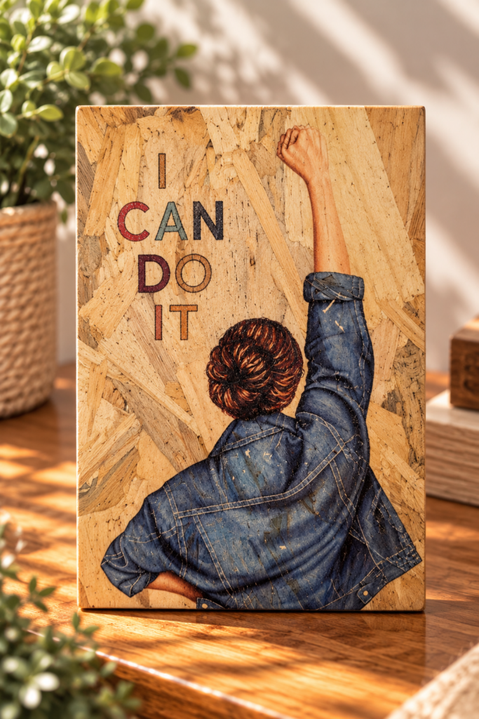 שלט העצמה I Can Do It עם דמות מרימה יד