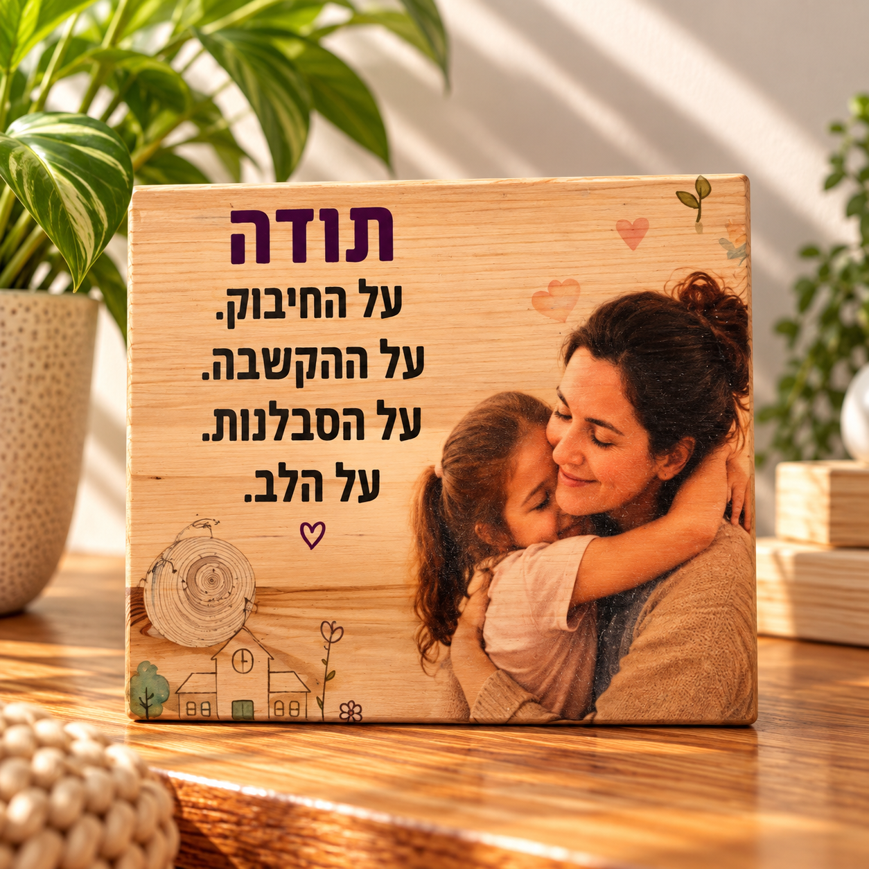 שלט תודה מעץ מודפס עם הכיתוב תודה על החיבוק ההקשבה הסבלנות והלב