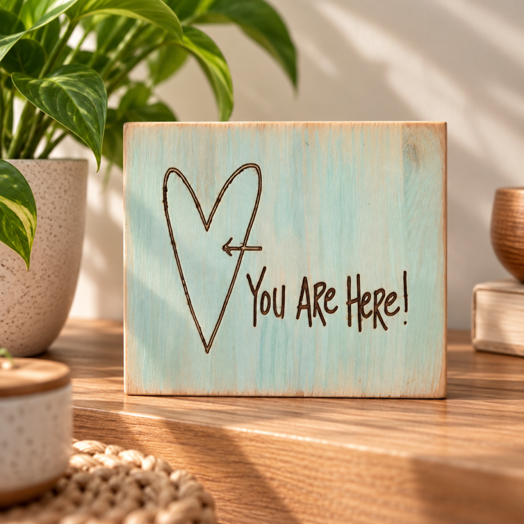 שלט עץ חרוט You Are Here עם לב וחץ