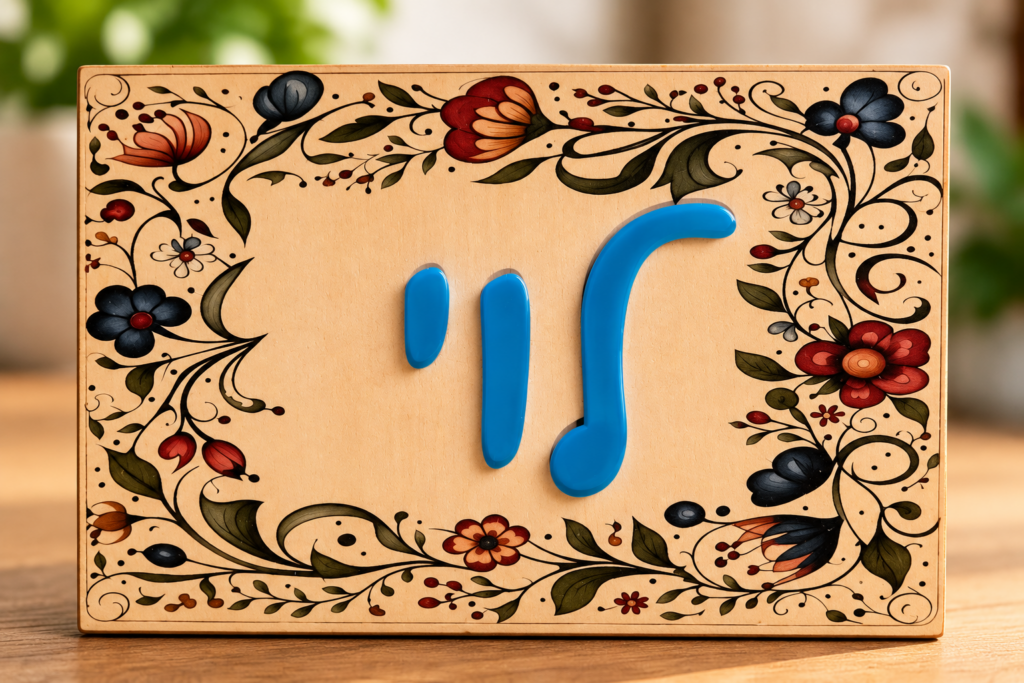 שלט לדלת כניסה מעץ עם אותיות אקריל כחולות בעיצוב פרחוני