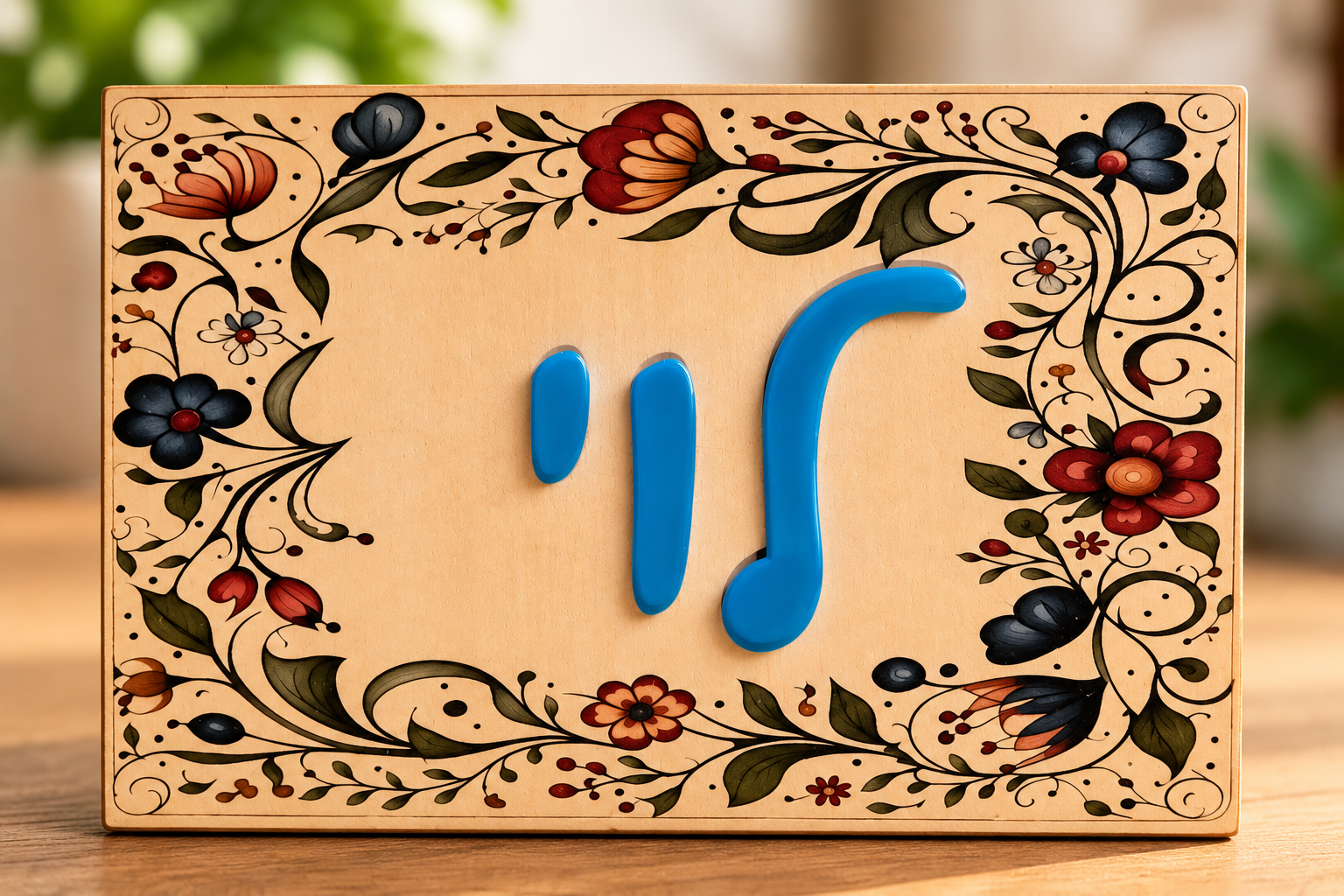 שלט לדלת כניסה מעץ עם אותיות אקריל כחולות בעיצוב פרחוני